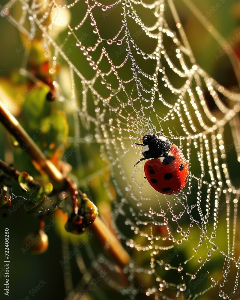 Poster a ladybug sits on a web with dew drops. generative ai.