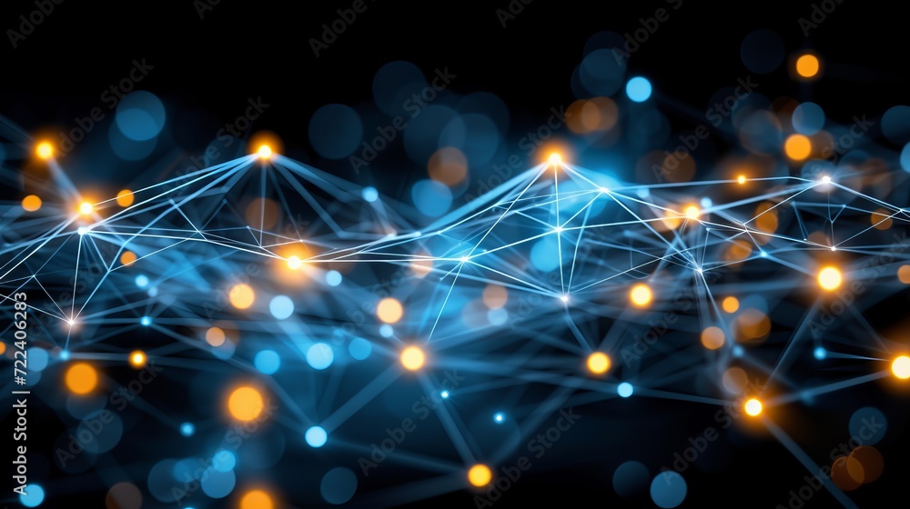 Poster interconnected points representing iot and machine learning on blurred background with copy space