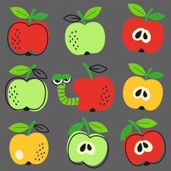 Vector hand drawn seamless pattern in a doodle style. Red, green and yellow apples and caterpillar on dark background