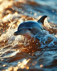 A playful dolphin jumps out of the water, creating pure joy. Generative AI.