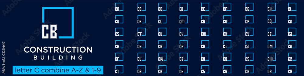 Poster set of square logo design combined letter c with a to z and numbers from 1 to 9. vector illustration