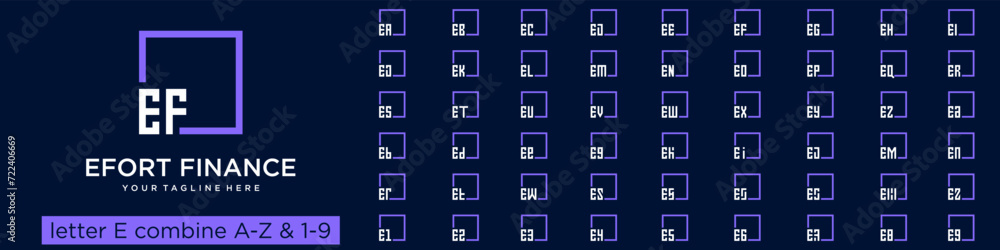 Poster set of square logo design combined letter e with a to z and numbers from 1 to 9. vector illustration