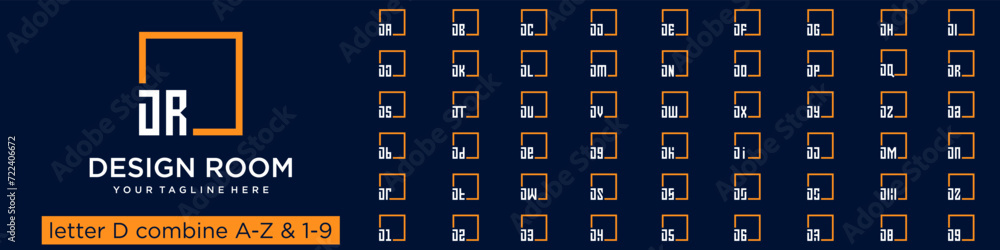 Poster set of square logo design combined letter d with a to z and numbers from 1 to 9. vector illustration