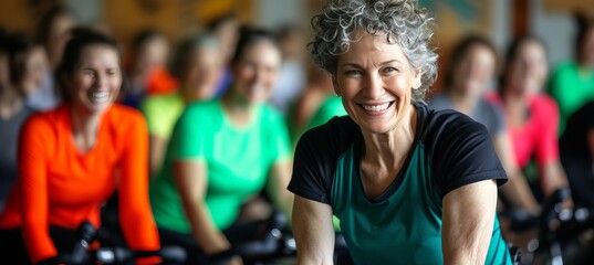 Active senior woman with grey hair exercising on exercise bike with group in gym