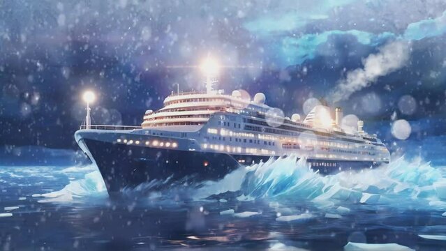  luxury passenger ship sailing on ice during snowfall, seamless looping 4K time-lapse virtual video animation background