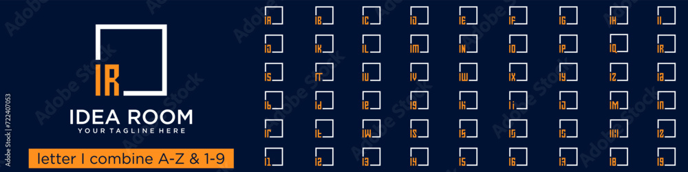 Poster set of square logo design combined letter i with a to z and numbers from 1 to 9. vector illustration