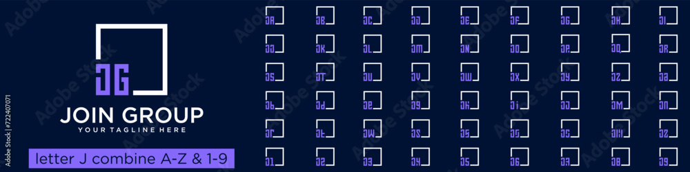 Poster set of square logo design combined letter j with a to z and numbers from 1 to 9. vector illustration
