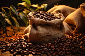 Raamstickers coffee beans in a burlap bag © Tetiana