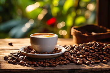 coffee cup with coffee beans on a wooden table background