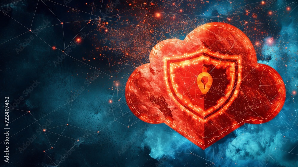 Poster secure cloud network dynamic and dramatic composition with digital shield and copy space