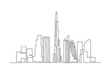 One continuous line drawing of Dubai city skyline United Arab Emirates. Beautiful city landmark. World landscape tourism and travel. Editable stylish stroke single line draw design vector illustration