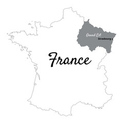 Map of France with the Grand Est region and the city of Strasbourg for exploring the region and traveling
