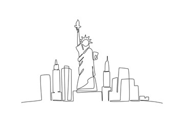 One single line drawing New York city skyline United States. Historical town landscape in world. Best holiday destination poster. Editable stroke trendy continuous line draw design vector illustration