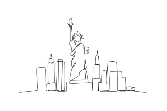 One single line drawing New York city skyline United States. Historical town landscape in world. Best holiday destination poster. Editable stroke trendy continuous line draw design vector illustration