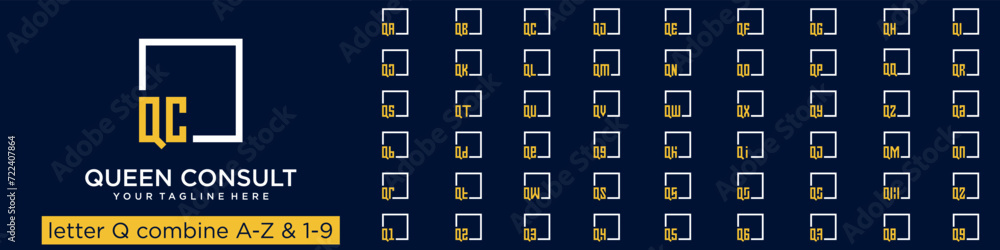 Poster set of square logo design combined letter q with a to z and numbers from 1 to 9. vector illustration