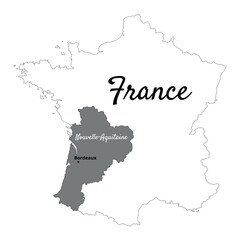 Map of France with the Nouvelle-Aquitaine region and the city of Bordeaux for exploring the region and traveling