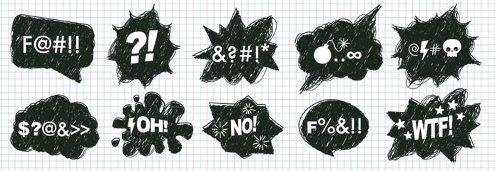 Obraz premium Set of hand drawn comic speech bubbles with swear words. Hand drawn shapes with scribble textures. Swear words in text bubbles to express exclamation. Vector illustration elements in a check notebook