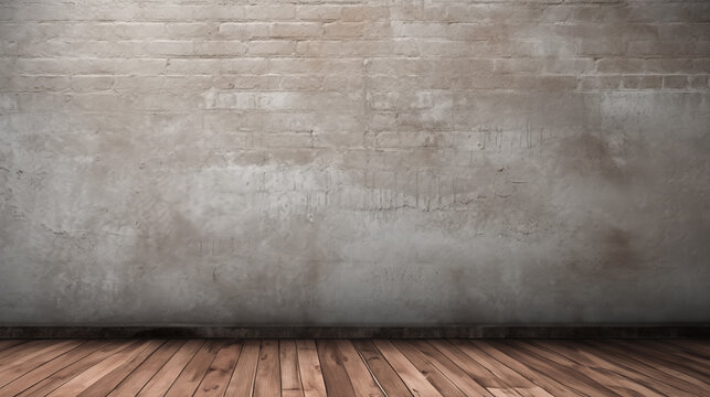 Industrial modern grey concrete wall background with solid wood flooring. Mock up, empty room with copy space for text