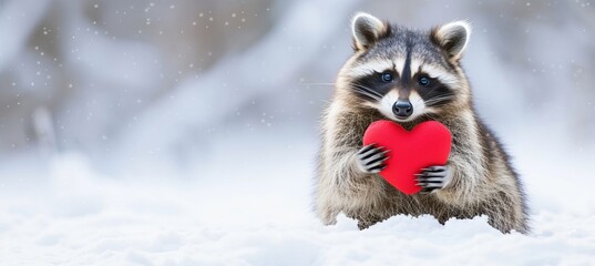 Obraz premium Cute raccoon with heart shaped gift, valentine s day, blurred magical background for text