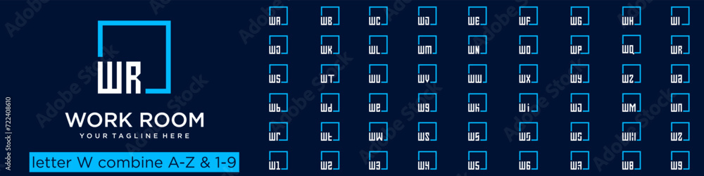 Poster set of square logo design combined letter w with a to z and numbers from 1 to 9. vector illustration
