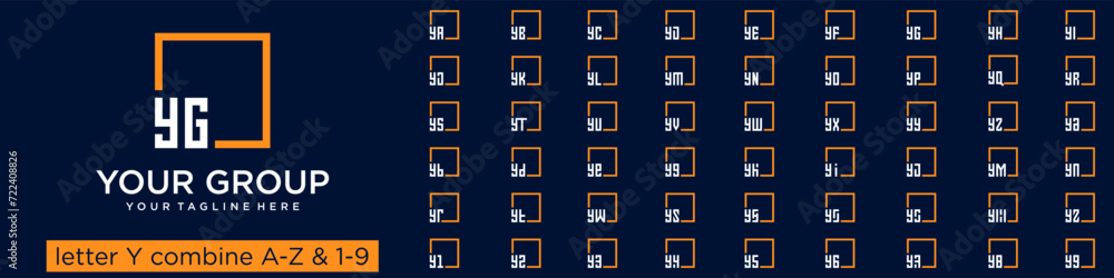 Poster set of square logo design combined letter y with a to z and numbers from 1 to 9. vector illustration