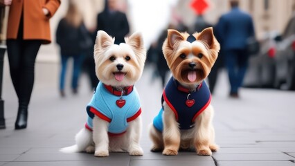 schnauzer in the street. Happy cute dogs in festive, fashionable clothes, Funny animal for banner, flayer, poster, card. National Pet Day. 11 April