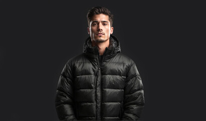 A man wearing high end puffer jacket, young adult, black , plain background