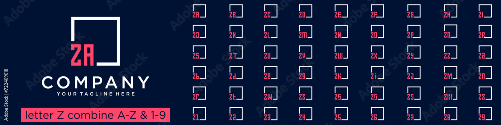 Poster set of square logo design combined letter z with a to z and numbers from 1 to 9. vector illustration