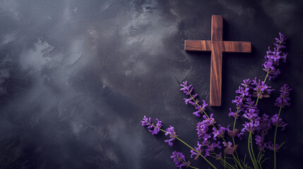 Sophisticated gray marble background adorned by a wooden cross and deep purple flowers, creating a poignant fusion of timeless elegance