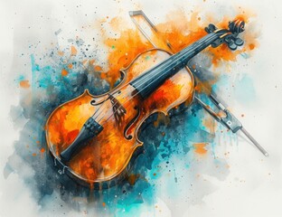 Fototapeta na wymiar Abstract watercolor violin and bow 
