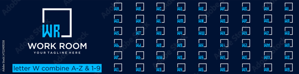 Poster set of square logo design combined letter w with a to z and numbers from 1 to 9. vector illustration