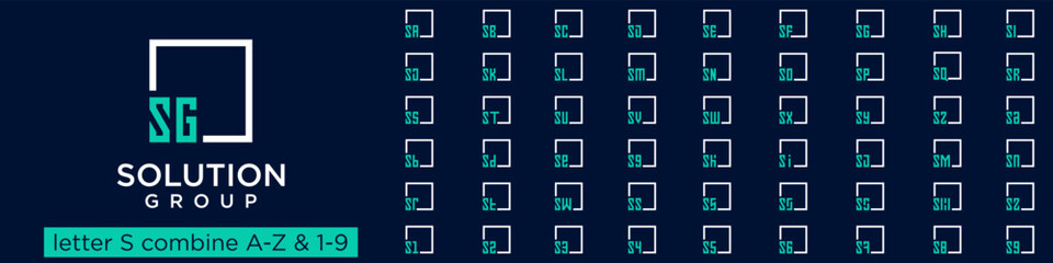 set of square logo design combined letter S with A to Z and numbers from 1 to 9. vector illustration