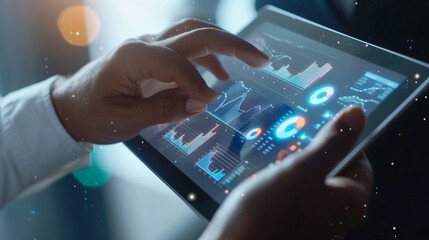 risk manager's hands analyzing charts and graphs on a digital tablet, with intricate details on the tablet screen showing financial data, in a well-lit modern office environment