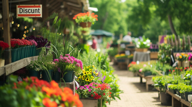 
seasonal sale at a garden center, colorful array of flowers and plants, "Discount" signs amidst greenery, cheerful atmosphere, customers selecting plants, sunny day