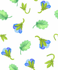 Pansies. Spring garden flowers and plants. Blue petals and buds on a white background. Vector pattern.