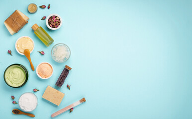 Natural Eco Friendly Beauty, Skin Care Products Concept. Zero Waste Bathroom, Spa Accessories on Blue Background.