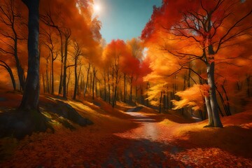 Colorful trees and pathway in autumn forest