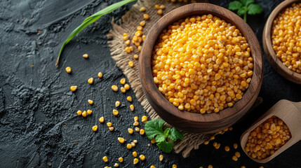Full frame background top view of raw yellow corn seeds in a pot and scattered on surface - Powered by Adobe