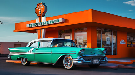 "Vintage Elegance at Sunset: Classic Car and Retro Gas Station" AI-Generative