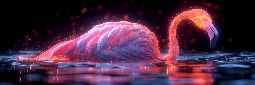 A Neon Illustration Of A Pink Purple Flamingo. Created With Generative AI.