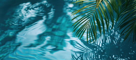 Fototapeta na wymiar Palm fronds cast a delicate dance of shadows upon the tranquil surface of a pool, evoking a sense of calm and tropical elegance.
