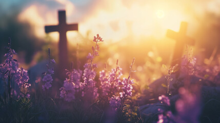 Field adorned with hues of pink flowers embraces a poignant cross - obrazy, fototapety, plakaty
