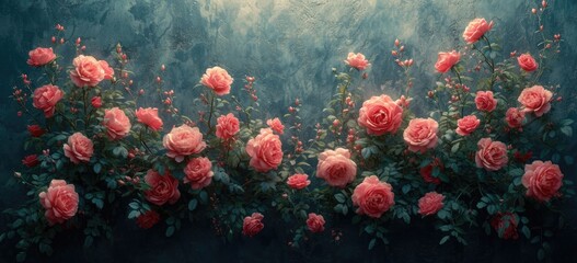 Fototapeta na wymiar pink roses on a dark background, in the style of dark turquoise and light red, rustic texture