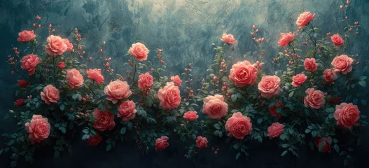 Fototapeten pink roses on a dark background, in the style of dark turquoise and light red, rustic texture © Tung's companion