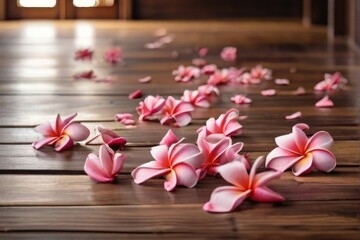 Obraz na płótnie Canvas Plumeria flowers falling on the wooden floor 