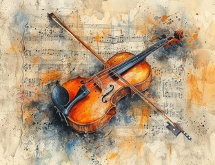 Fototapeta na wymiar Abstract watercolor violin and notes