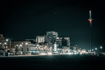 Fototapeta premium Night view of Brighton with random lights and reflections, East Sussex, England