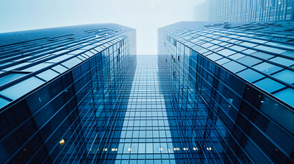 Fototapeta premium City Architecture in Business, Blue Skyscraper Financial Office, Urban Exterior Sky, Modern Downtown Window, Futuristic Finance, Tall Perspective Tower, Corporate Glass Construction