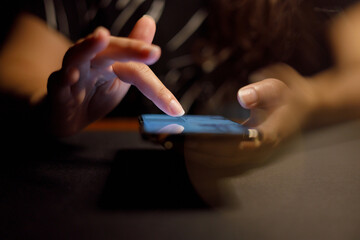 Close up of person looking at mobile phone, Online social addict - obrazy, fototapety, plakaty