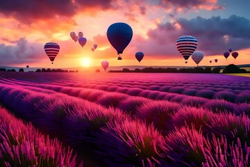 Sunset over vibrant lavender fields with air balloons flying high